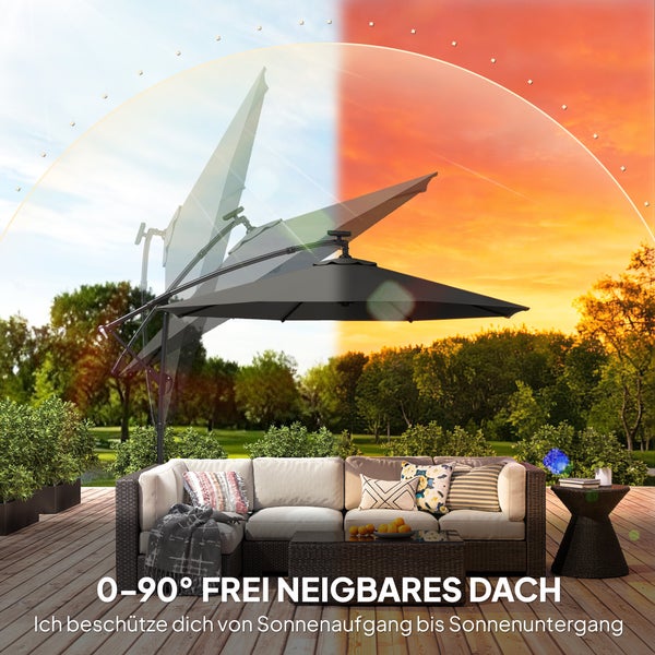 Großer Ampelschirm über einer modernen Gartenlounge auf einer Holzterrasse mit Illustration der Neigung von null bis neunzig Grad für Sonnenschutz.