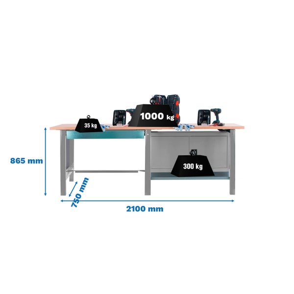 Werkbank BUFFALO WOOD mit 1x Schublade + Schrank| HxBxT 86,5x210x75cm | Traglast 1000kg | Grau