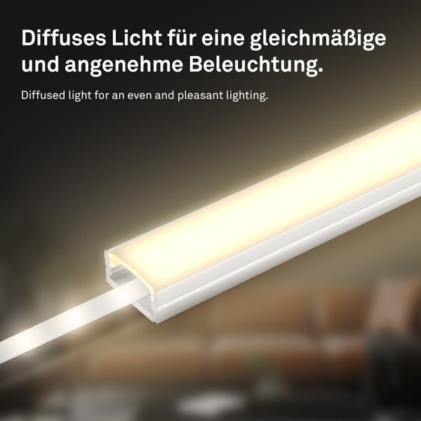 Aluminium-Profil für LED-Streifen mit diffuser Abdeckung für gleichmäßige Beleuchtung.