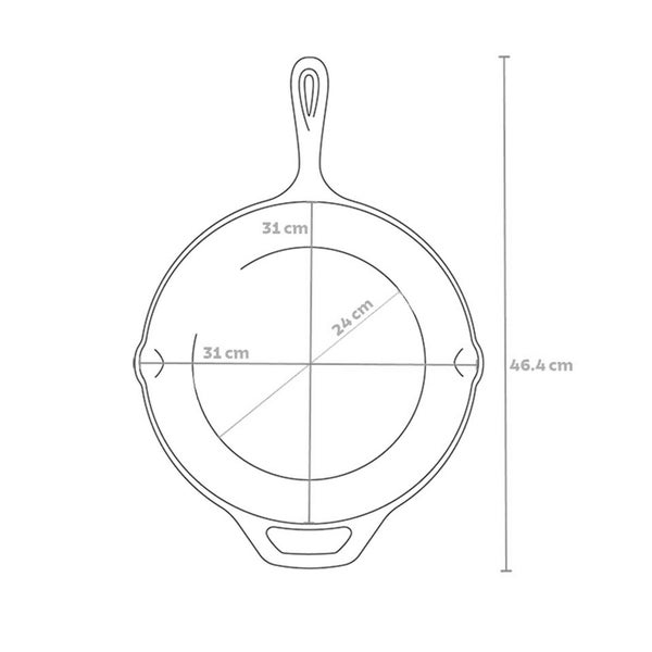 Abbildung einer Pfanne mit Größenangaben: 31 cm Durchmesser, 24 cm Innendurchmesser und 46,4 cm Länge.