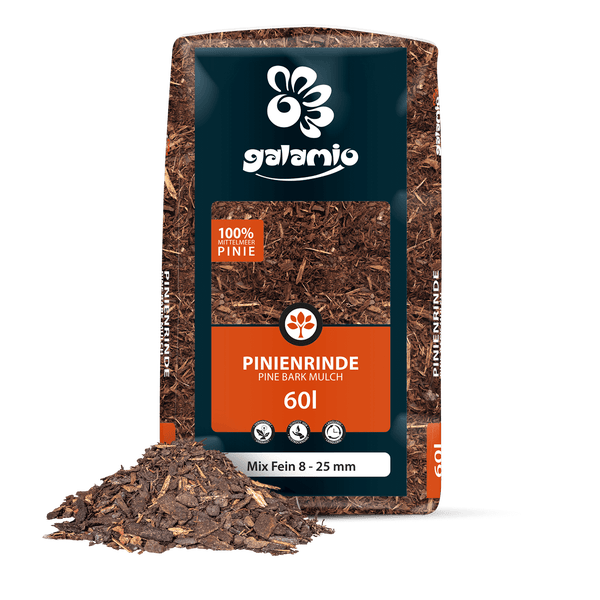 60 Liter Galamio Pinienrinde Mix Fein 8 bis 25 Millimeter aus 100 Prozent Mittelmeer Pinie. Schützt vor Unkraut und Austrocknung. Galamio Logo.