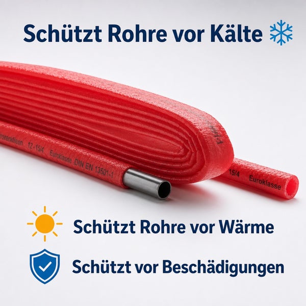Rohrisolierung aus Schaumstoff zum Schutz vor Kälte, Wärme und Beschädigungen inklusive Hinweis zur Euroklasse Norm