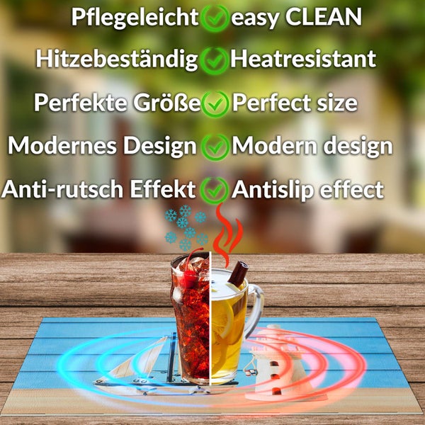 Pflegeleichte, hitzebeständige Glas-Schneideplatte im maritimen Design mit Anti-rutsch Effekt, geeignet für heiße und kalte Gefäße.