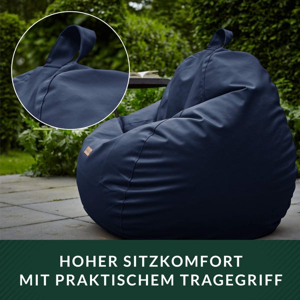 Green Bean Sitzsack aus Kunstleder mit EPS Perlen Füllung - 90 x 70 cm - Bean Bag Sitzkissen Sitzpuff Sitzsessel Bodenkissen Lounge - Dunkelblau