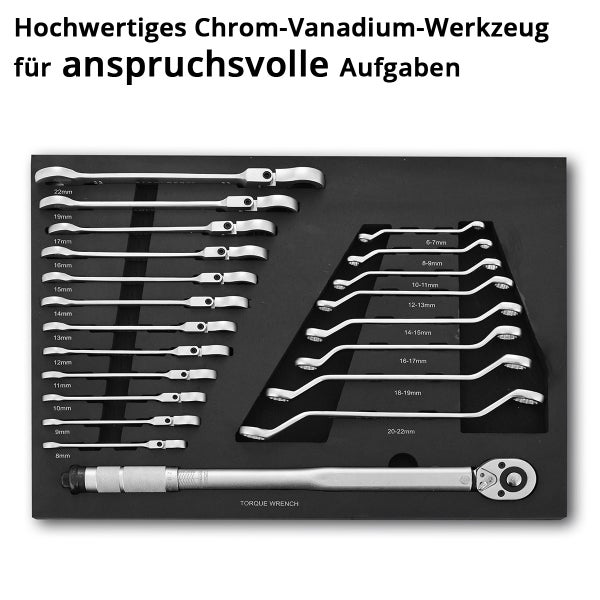 Satz Chrom-Vanadium-Werkzeug mit Schraubenschlüsseln und Drehmomentschlüssel
