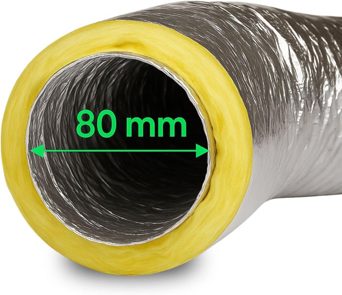 Isoliertes Flexrohr für die Belüftung mit 80 Millimeter Innendurchmesser und Wärmedämmung.