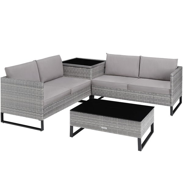 Graue Rattan Loungegruppe mit Tisch und schwarzen Glasplatten