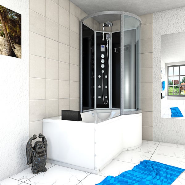 Technische Skizze einer Badewanne in einer Raumecke mit Maßangaben in Zentimeter für Wasseranschlüsse, Abfluss und Elektroinstallation.