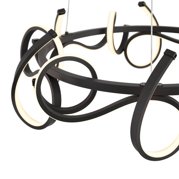 Schwarze LED-Hängeleuchte mit geschwungenem Design.