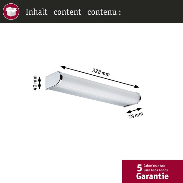Spiegelleuchte mit Maßen 328 Millimeter Länge, 40 Millimeter Höhe, 78 Millimeter Tiefe und 5 Jahren Garantie.