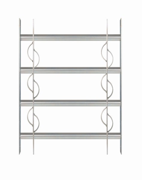 Fenstergitter aus Metall mit vier Querstreben und dekorativen Elementen als Einbruchschutz.