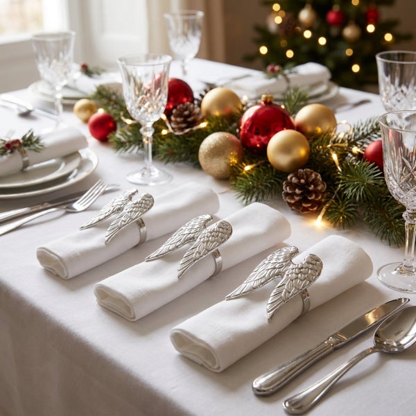 Festlich gedeckter Tisch mit Serviettenringen in Engel-Flügel-Optik, weißem Stoffservietten und weihnachtlicher Dekoration aus Tannenzweigen.
