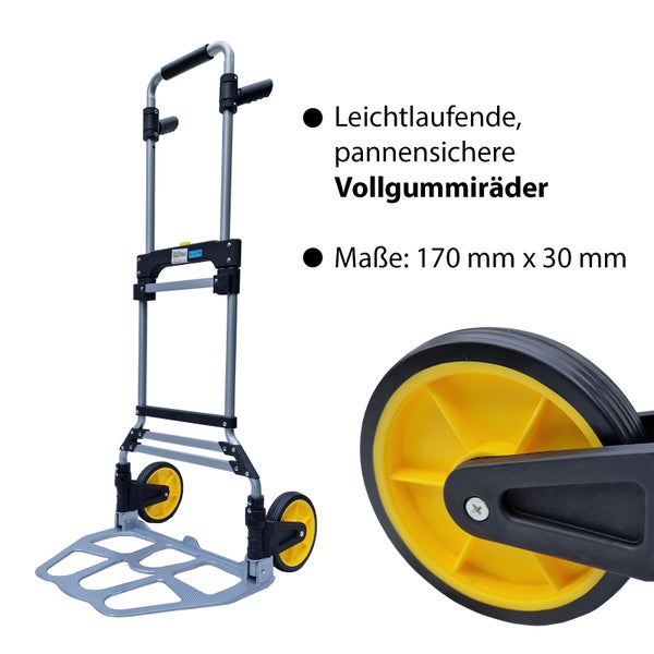 Klappbare Sackkarre mit pannensicheren Vollgummirädern, Maße 170 Millimeter mal 30 Millimeter, Transportwagen für den einfachen Materialtransport.