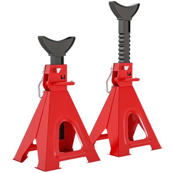 Set aus zwei roten und schwarzen verstellbaren Unterstellböcken aus Metall mit Ratschenmechanismus und Sicherheitsbolzen.