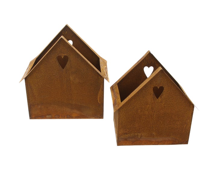 FRANK FLECHTWAREN | Pflanzer Rost-Haus, 2er Set, 20,5 x 14,5 x 20 cm, 24,5 x 17,5 x 24,5 cm, METALL