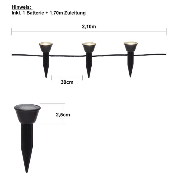 Batteriebetriebene Gartenleuchte mit Erdspieß und den Maßen 2,10 Meter Länge und 30 Zentimeter Abstand