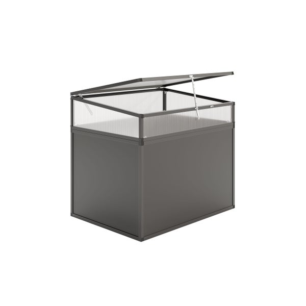 Anthrazitfarbenes Hochbeet mit Frühbeet-Aufsatz aus Metall und transparenten Polycarbonatplatten, mit geöffnetem Deckel.