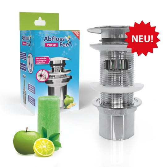 Abfluss-Fee Pop-up Ablaufgarnitur aus verchromtem Metall mit Duftstein, Verpackung, Apfel-Zitrone-Duftsymbolen und Neu-Kennzeichnung.