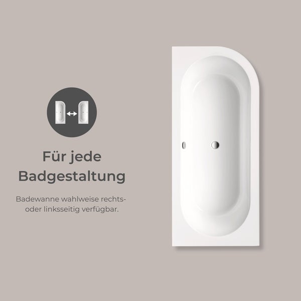 Rechteckige Badewanne für jede Badgestaltung, wahlweise rechts- oder linksseitig verfügbar.