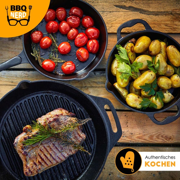 BBQ Nerd Gusseisenpfanne zum Grillen - mit Rillenboden für ein schönes Grillmuster | Steakpfanne Ø 35 cm 4550g mit Ausgießer und Henkel | Antihaft-Pfanne Feuerpfanne Outdoor-Pfanne