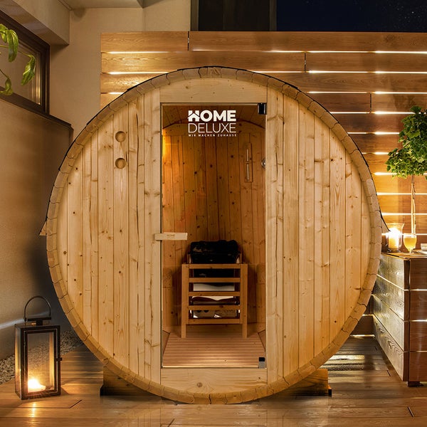 Home Deluxe - Outdoor Fasssauna LAHTI L - Maße: BxTxH: ca. 189 cm x 191 cm x 180 cm, Holz: Fichtenholz - inkl. Saunaofen und Saunazubehör I Gartensauna, Außensauna, Sauna Fass für 4 Personen