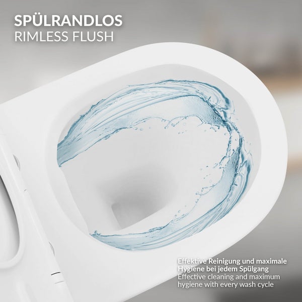ECD Germany Spülrandloses Hänge WC Keramik Weiß matt mit Nano Beschichtung, Wand-WC lang 52 cm, Toilette mit WC-Sitz abnehmbar aus Duroplast Softclose Absenkautomatik, Tiefspüler-WC mit Lotus Effekt