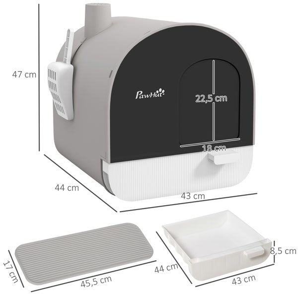 PawHut Katzentoilette mit Deckel, Katzenklo inkl. Schaufel und Streu-Matte, Ausziehbares Tablett, Katzenklo für Katzen bis 5 kg, Grau, 43 x 44 x 47 cm