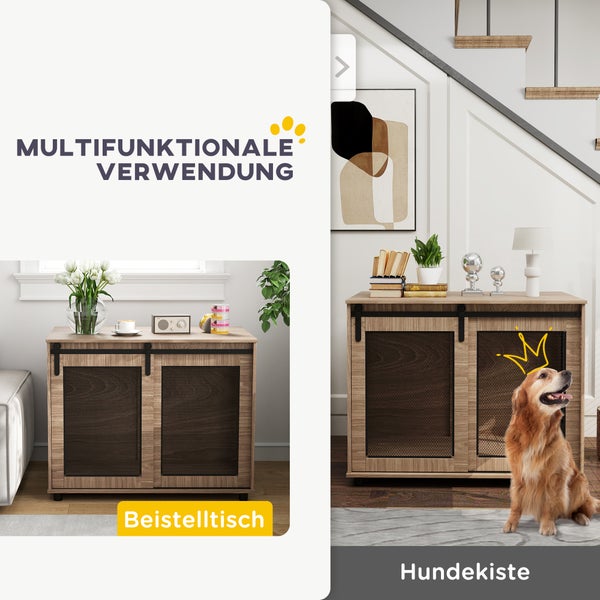 PawHut Hundekäfig Möbel, Hundebox mit 2 verschließbaren Türen, Beistelltisch für Zuhause, Hundehaus für große Hunde unter 30 kg, Stahl, 98 x 60 x 78 cm, Nussbaum