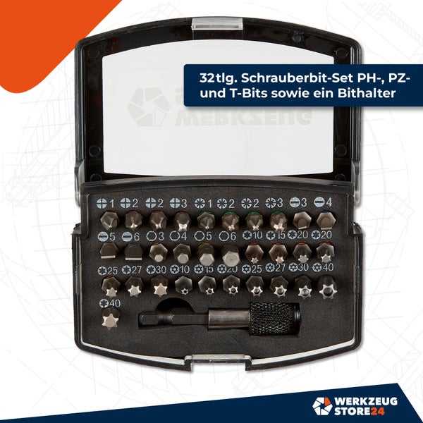 32-teiliges Schrauberbit-Set mit PH-, PZ- und T-Bits sowie einem Bithalter