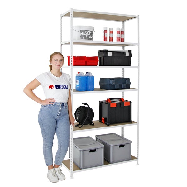PROREGAL Schwerlastregal Giant Muli HxBxT 250 x 100 x 50 cm 6 Fachböden Fachlast 150 kg Weiß