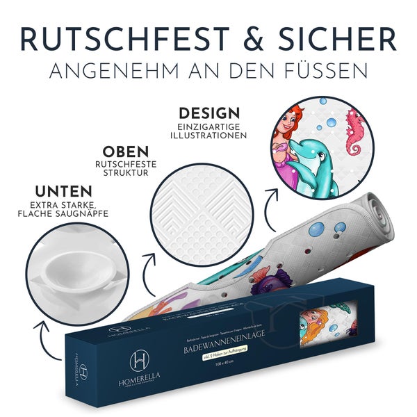 Homerella® Badewannenmatte rutschfest Kinder - 100% BPA frei Inkl. 2 Haken zum Aufhängen 100x40cm - Antirutschmatte Badewanne Baby hautsensitiv & schimmelresistent - Badematte rutschfest & waschbar