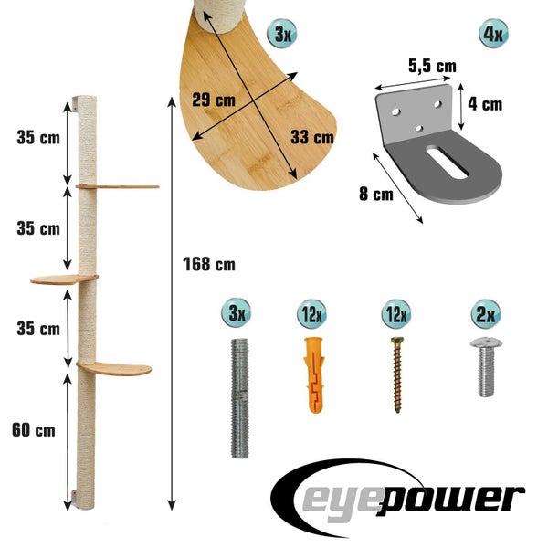 Eyepower Wandkletterbaum für Katzen 168 Zentimeter mit Liegeflächen Wandhalterungen und Montagematerial inklusive Maße