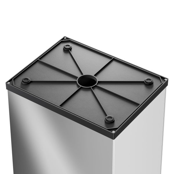Unterseite eines Metalltischbeins mit quadratischer Montageplatte und vier Gummipuffern.