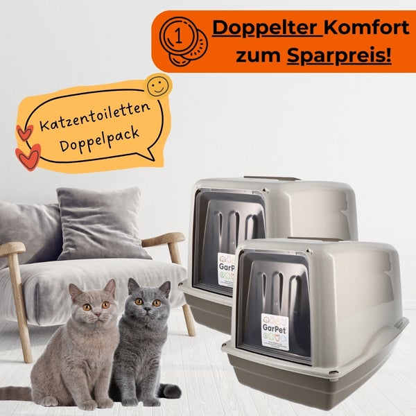 Doppelpack Katzenklos mit zwei Katzen vor einem Sofa