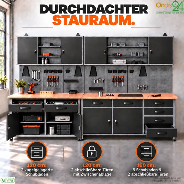 Modulare Werkbank mit Oberschränken und Lochwand aus Metall. Enthält Schubladen und abschließbare Schränke für organisierte Werkstattaufbewahrung.