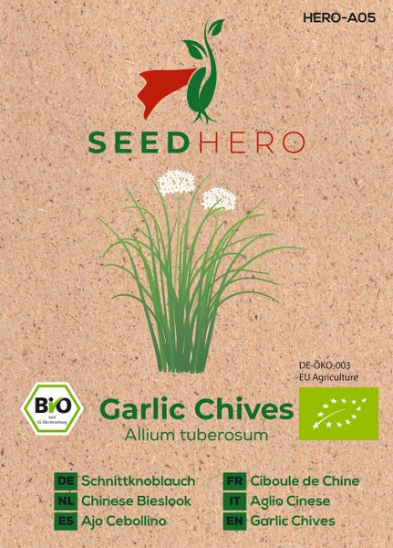 Samentüte für Bio Schnittknoblauch Allium tuberosum von SEEDHERO, mit Bio-Siegel.
