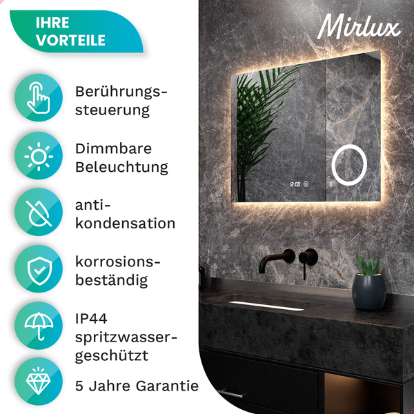Mirlux Badezimmerspiegel mit LED Beleuchtung, Wandspiegel Rund, Anti Kondensations Duschspiegel 120x80CM