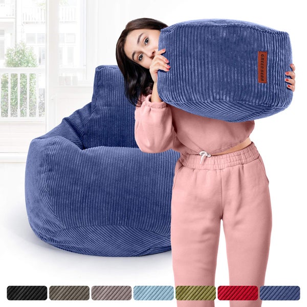 Green Bean Sitzsack mit Hocker aus Cord - Sitzsäcke für das Wohnzimmer, Schlafzimmer, Sitzsack-Sessel für Erwachsene Dunkelblau