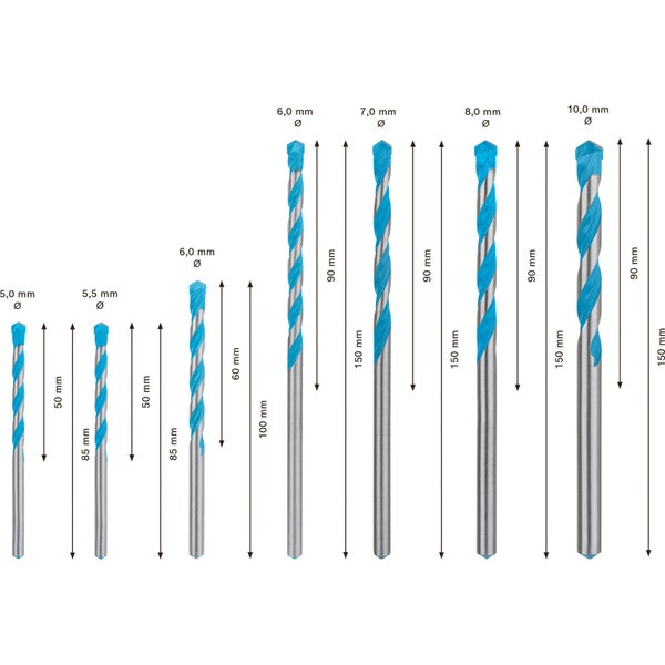 Satz verschiedener Steinbohrer mit unterschiedlichen Durchmessern und Längen