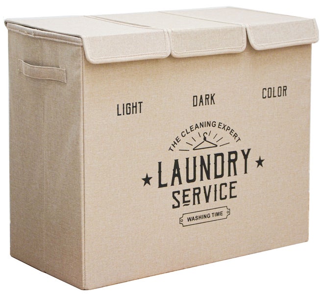 Wäschesammler aus Stoff mit drei Fächern für helle, dunkle und bunte Wäsche, inklusive Deckelklappen und seitlichen Tragegriffen.