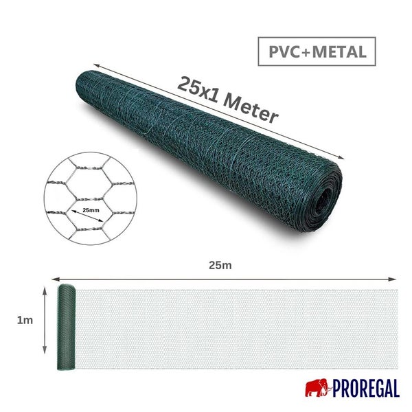 PROREGAL Maschendrahtzaun Sechseckgeflecht Keepy Höhe 1,0 Meter Länge 25 Meter Maschenweite 25 mm Drahtstärke 1,0 mm PVC-Beschichtet Grün