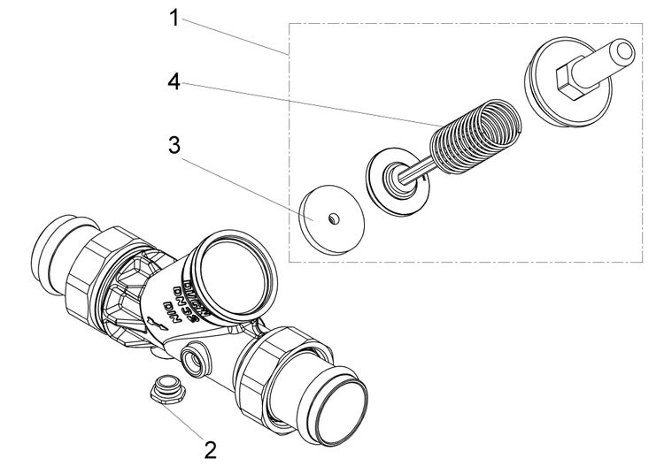 Technische Zeichnung eines Ventils Nennweite 32 mit Explosionsdarstellung der Innenteile wie Feder und Dichtungen, nummeriert 1 bis 4.