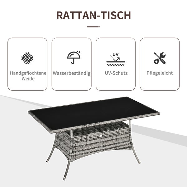 Outsunny Beistelltisch, 150L x 85B x 74H cm, Metall, Sicherheitsglas, Polyrattan, mehrfarbig
