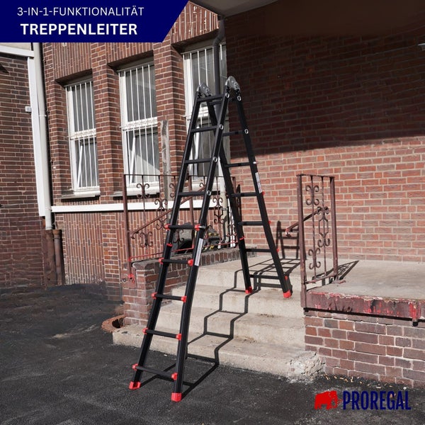 3-in-1 Treppenleiter ausziehbar auf einer Treppe stehend
