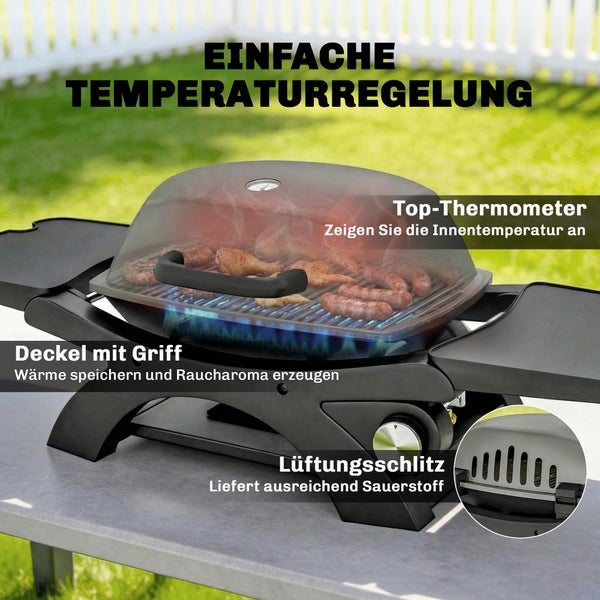 Tragbarer Gasgrill mit Thermometer im Deckel, Handgriff, seitlichen Ablagen und Lüftungsschlitzen zur einfachen Temperaturregelung.