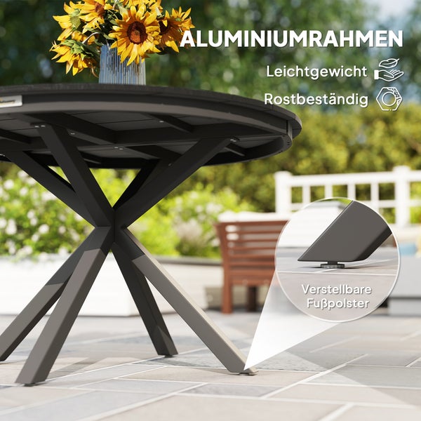 Runder Gartentisch mit Aluminiumrahmen, rostbeständig und leichtgewichtig, inklusive verstellbarer Fußpolster für stabilen Stand auf der Terrasse.