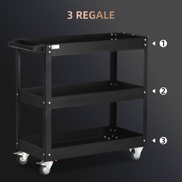DURHAND Werkstattwagen mit 3 Etagen, Werkzeugwagen leer, Transportwagen mit seitlicher Griff, 4 Rollen, bis 150 kg Tragkraft, Stahl, 83 x 35,3 x 76 cm, Schwarz