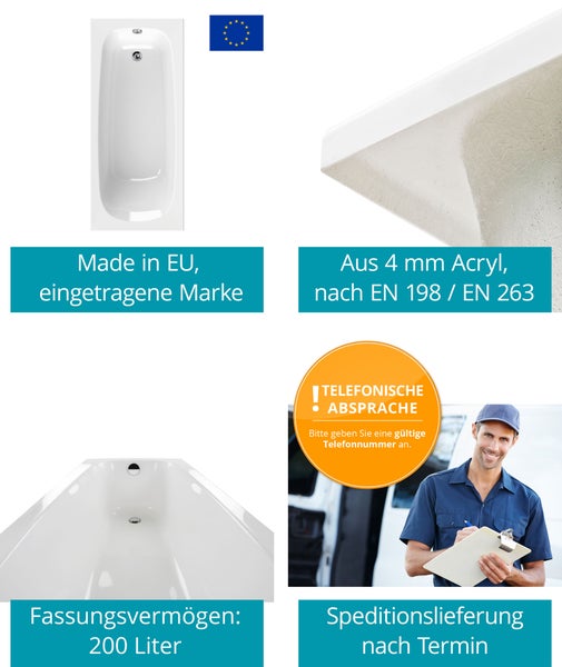 Rechteckige Badewanne aus 4 Millimeter Acryl, hergestellt in der Europäischen Union, 200 Liter Fassungsvermögen, Speditionslieferung nach Termin.