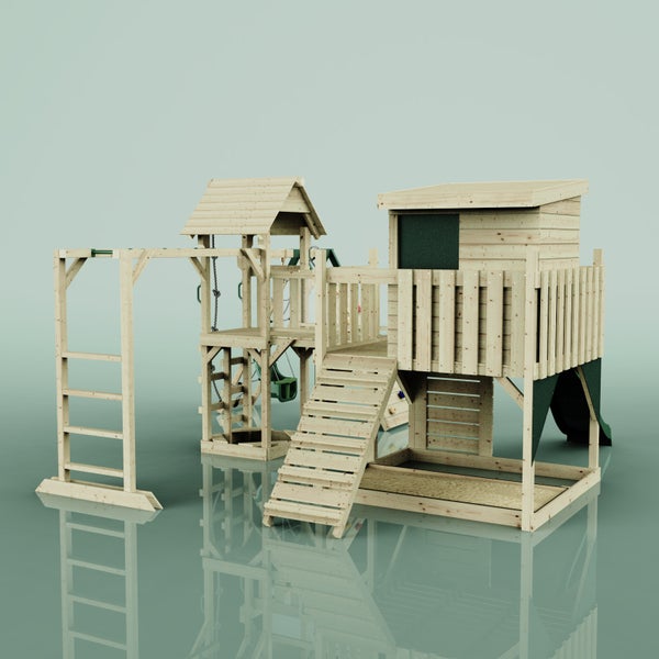 Holzspielturm mit Rutsche, Schaukel und Klettergerüst für den Garten