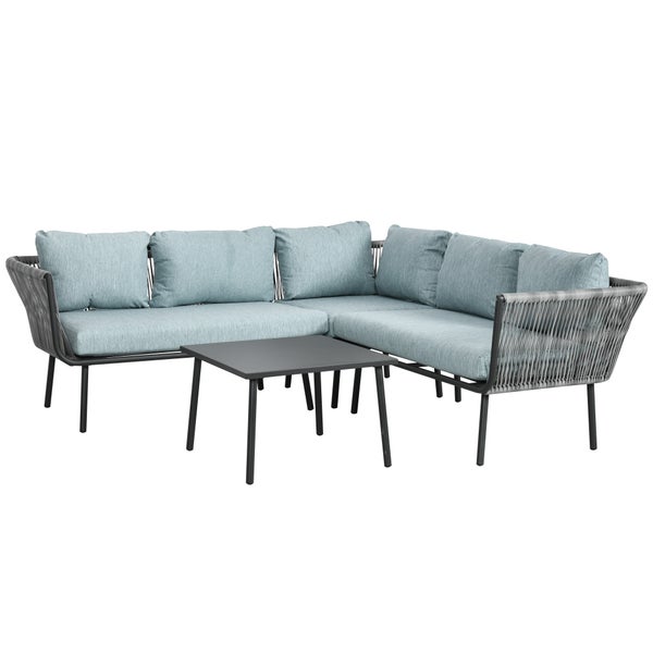 Lounge-Set bestehend aus einem Ecksofa in L-Form mit Seilbespannung, hellblauen Kissen und einem anthrazitfarbenen Tisch.